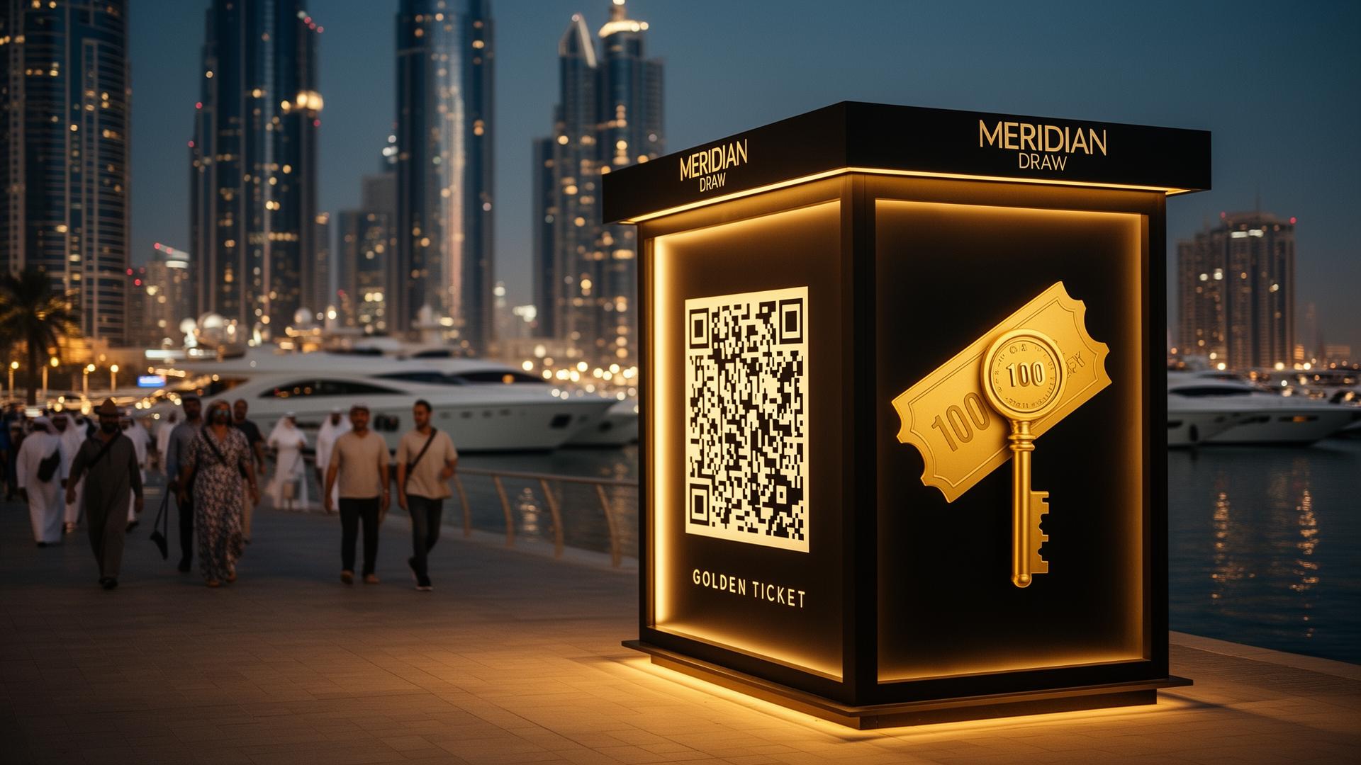 Illuminated Meridian Draw inflatable kiosk at Dubai Marina with QR scan