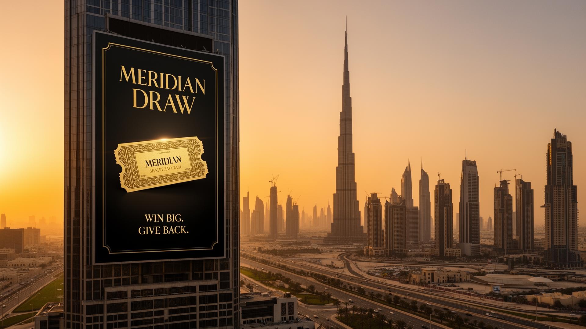 Meridian Draw billboard on Sheikh Zayed Road at golden hour